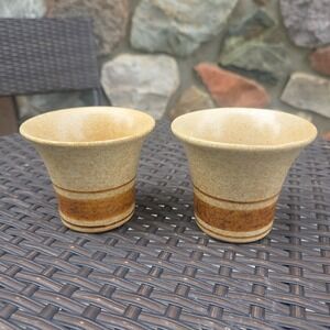 Vintage Pottery Craft Wine Cups Tumblers Drinkware Barware Set Of 2 Tan Stripe